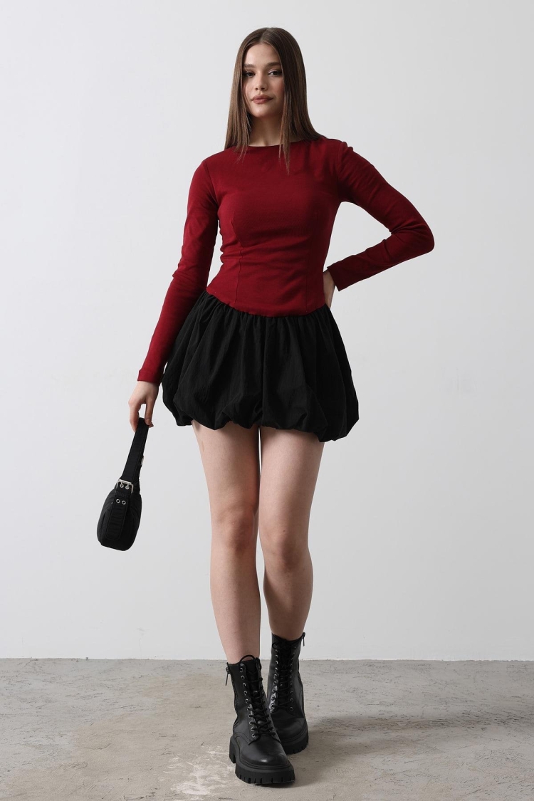 Balloon Skirt Dress - Burgundy - Reyon - Globality Store - Women Clothes Wholesale Turkey