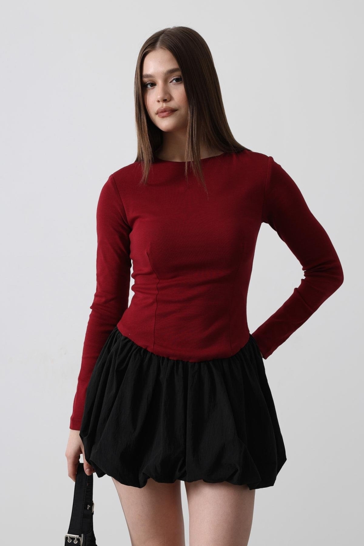 Balloon Skirt Dress - Burgundy