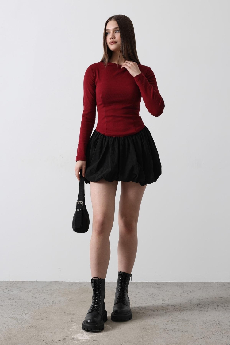 Balloon Skirt Dress - Burgundy