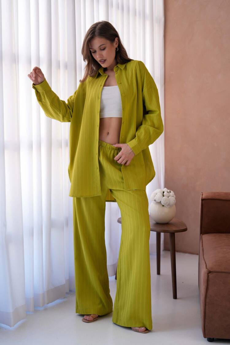 OilSelf Stripe Pattern Wide Cut Tunic Shirt And Pants Bottom/Top Suit 29022 - First Angels - Globality Store - Women Clothes Wholesale Turkey