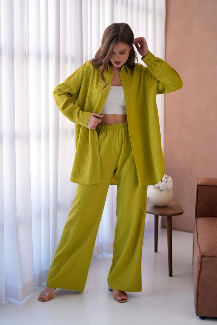 OilSelf Stripe Pattern Wide Cut Tunic Shirt And Pants Bottom/Top Suit 29022