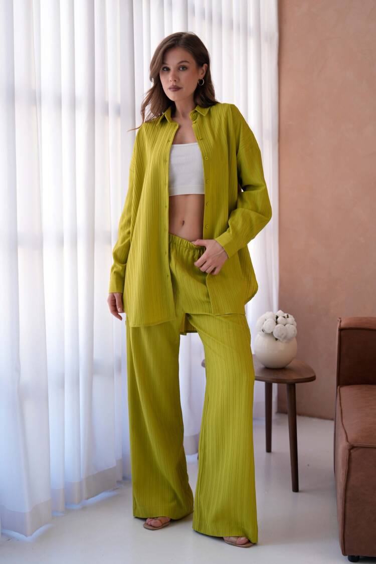 OilSelf Stripe Pattern Wide Cut Tunic Shirt And Pants Bottom/Top Suit 29022