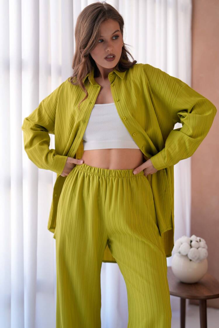 OilSelf Stripe Pattern Wide Cut Tunic Shirt And Pants Bottom/Top Suit 29022