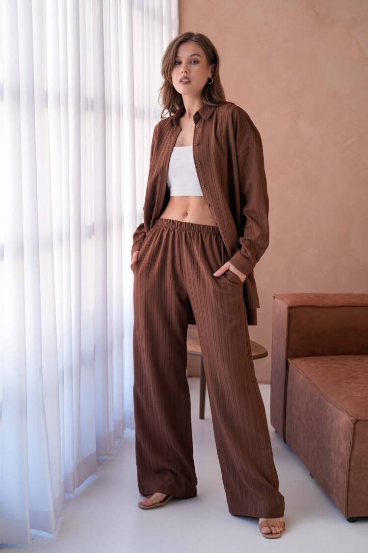 Coffee Self Stripe Pattern Wide Cut Tunic Shirt And Pants Bottom/Top Set 29022 - First Angels - Globality Store - Women Clothes Wholesale Turkey