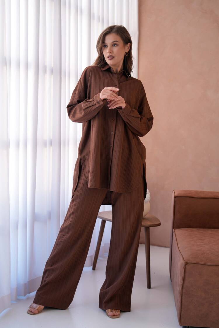 Coffee Self Stripe Pattern Wide Cut Tunic Shirt And Pants Bottom/Top Set 29022