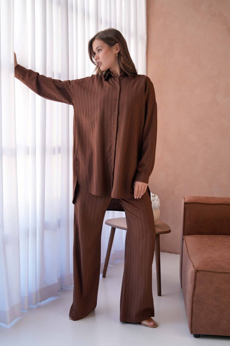 Coffee Self Stripe Pattern Wide Cut Tunic Shirt And Pants Bottom/Top Set 29022