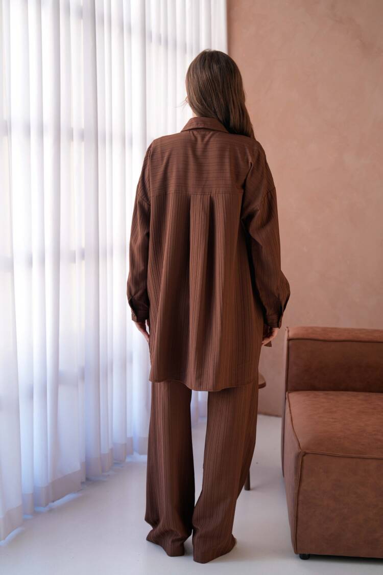 Coffee Self Stripe Pattern Wide Cut Tunic Shirt And Pants Bottom/Top Set 29022