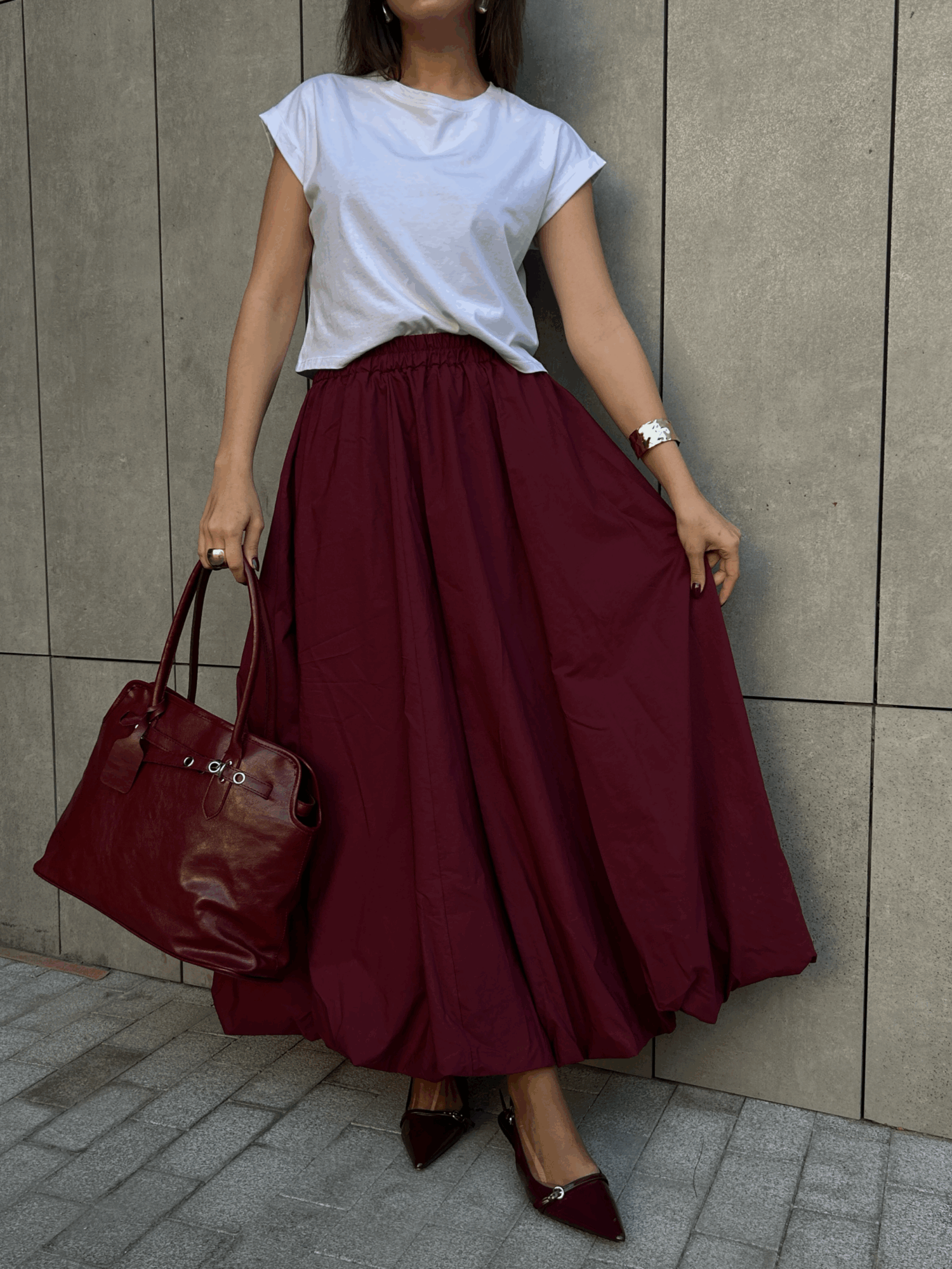 Burgundy Elastic Long Balloon Skirt 29004 - First Angels - Globality Store - Women Clothes Wholesale Turkey