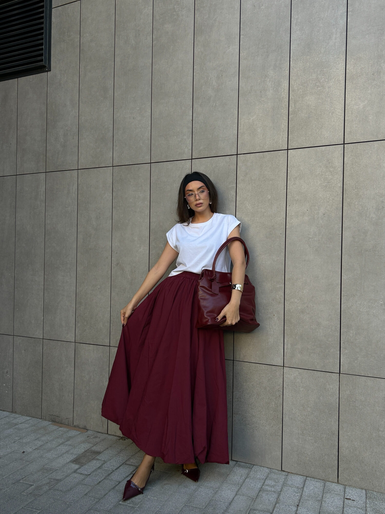 Burgundy Elastic Long Balloon Skirt 29004 - First Angels - Globality Store - Women Clothes Wholesale Turkey
