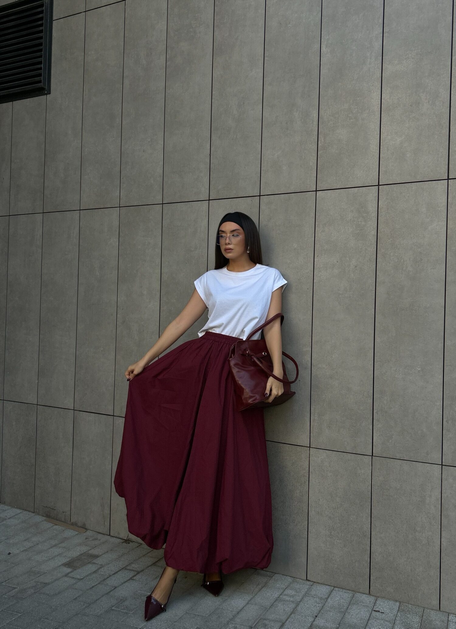 Burgundy Elastic Long Balloon Skirt 29004 - First Angels - Globality Store - Women Clothes Wholesale Turkey
