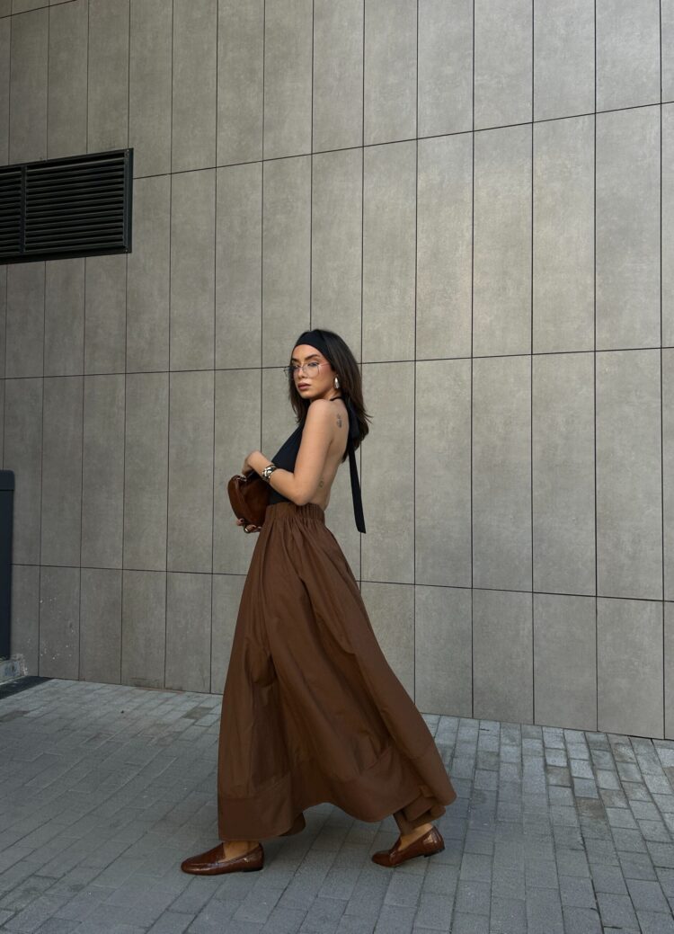 Coffee Poplin Elastic Waist Long Skirt 27321 - First Angels - Globality Store - Women Clothes Wholesale Turkey
