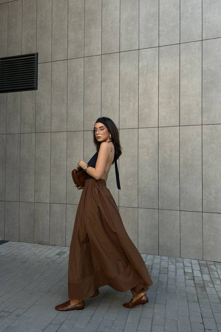 Coffee Poplin Elastic Waist Long Skirt 27321 - First Angels - Globality Store - Women Clothes Wholesale Turkey