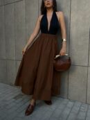 Coffee Poplin Elastic Waist Long Skirt 27321 - First Angels - Globality Store - Women Clothes Wholesale Turkey