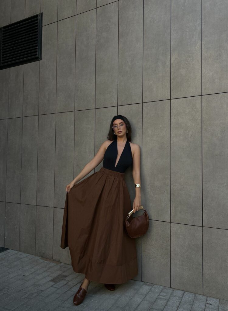 Coffee Poplin Elastic Waist Long Skirt 27321