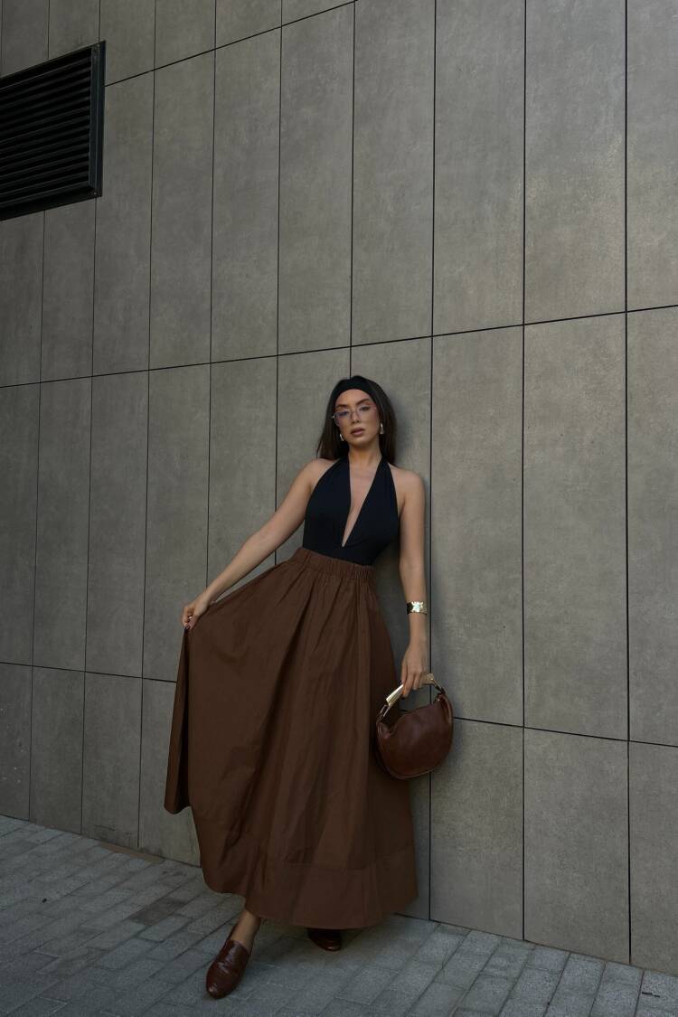 Coffee Poplin Elastic Waist Long Skirt 27321