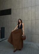 Coffee Poplin Elastic Waist Long Skirt 27321 - First Angels - Globality Store - Women Clothes Wholesale Turkey