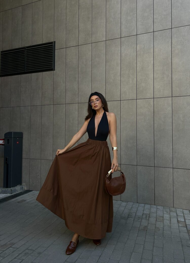 Coffee Poplin Elastic Waist Long Skirt 27321