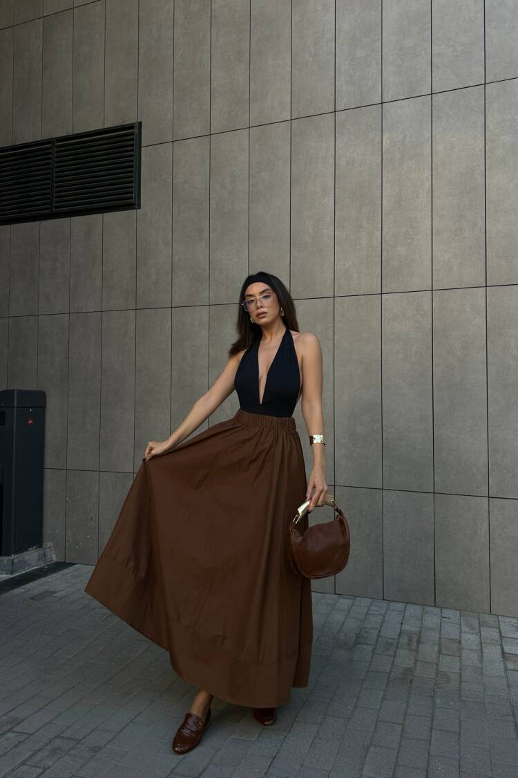 Coffee Poplin Elastic Waist Long Skirt 27321
