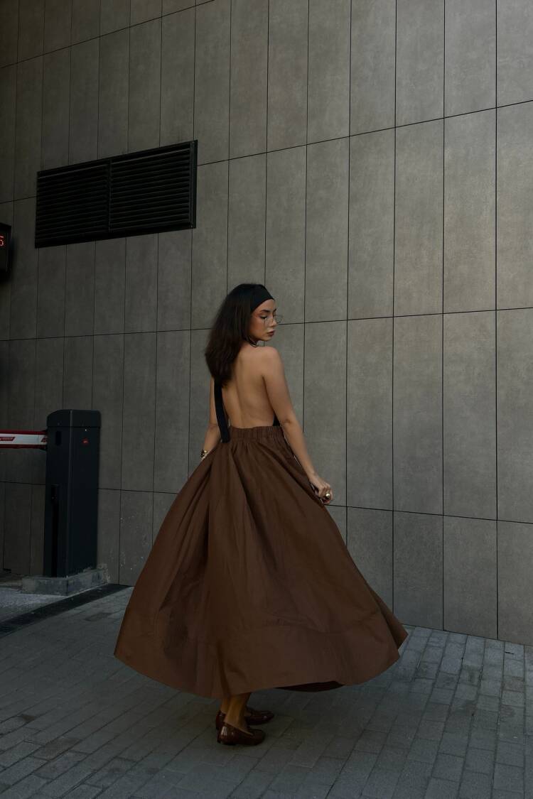 Coffee Poplin Elastic Waist Long Skirt 27321