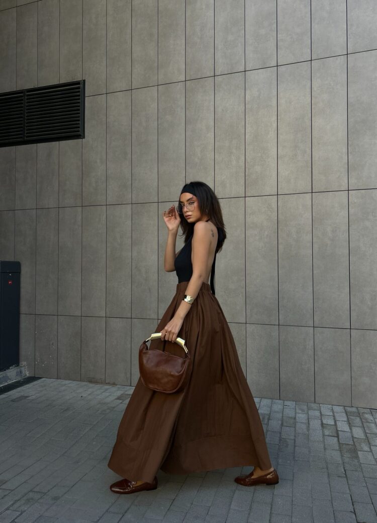 Coffee Poplin Elastic Waist Long Skirt 27321
