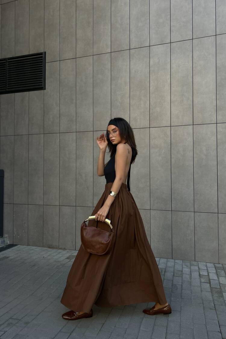 Coffee Poplin Elastic Waist Long Skirt 27321