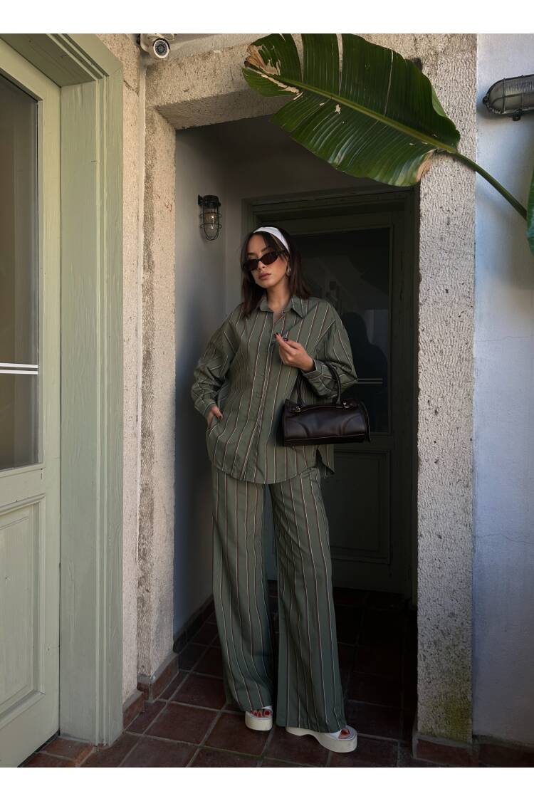 Striped Wide Cut Viscose Fabric Shirt And Pants Suit 29046 - First Angels - Globality Store - Women Clothes Wholesale Turkey