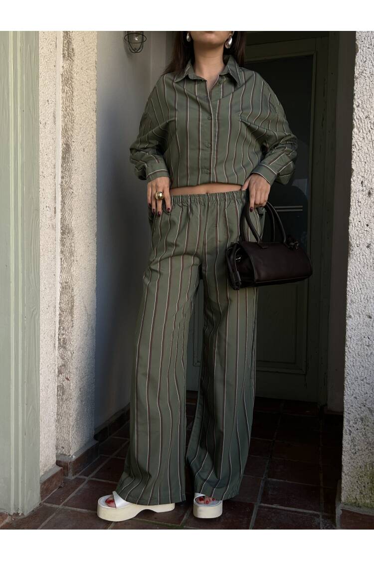 Striped Wide Cut Viscose Fabric Shirt And Pants Suit 29046
