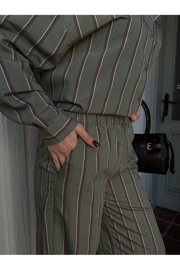 Striped Wide Cut Viscose Fabric Shirt And Pants Suit 29046