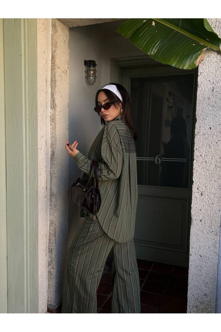 Striped Wide Cut Viscose Fabric Shirt And Pants Suit 29046