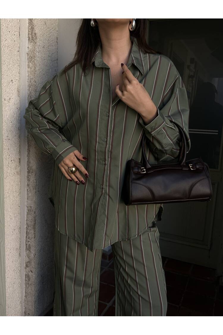 Striped Wide Cut Viscose Fabric Shirt And Pants Suit 29046