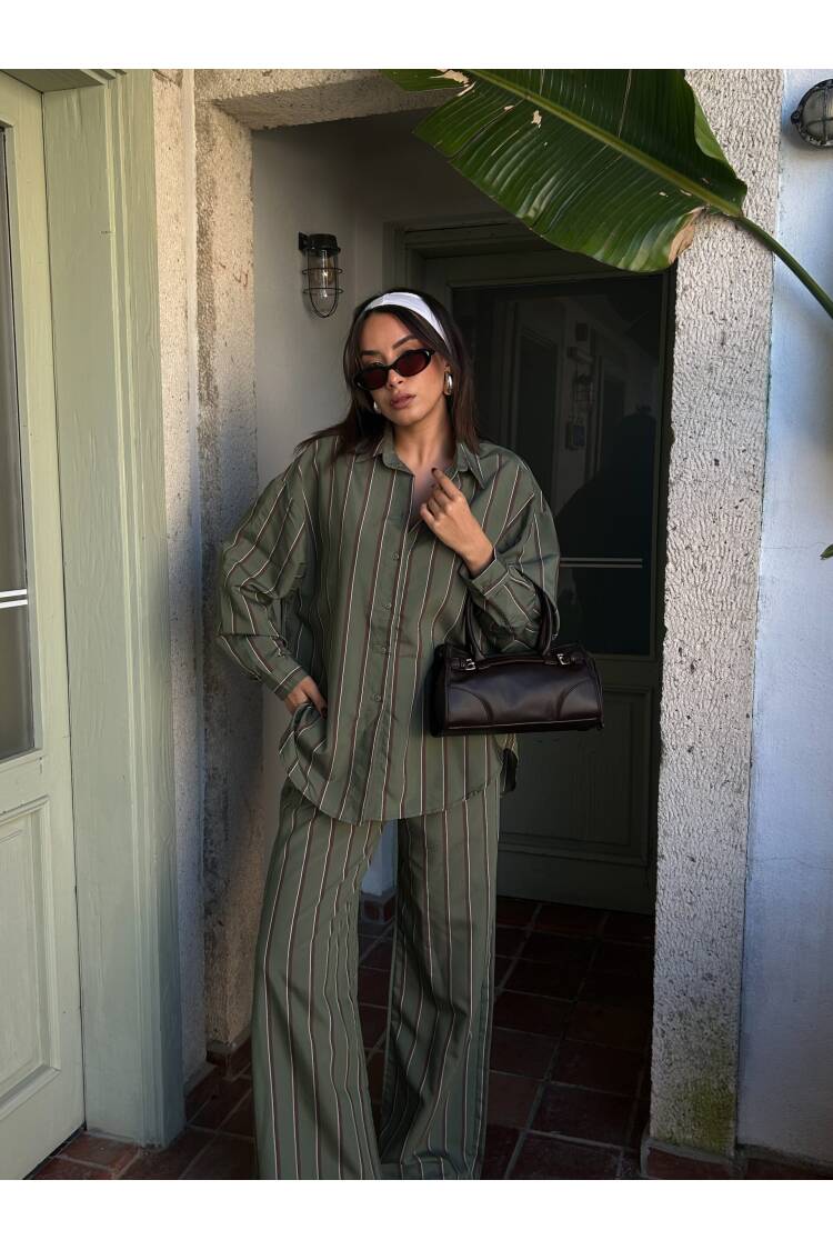 Striped Wide Cut Viscose Fabric Shirt And Pants Suit 29046