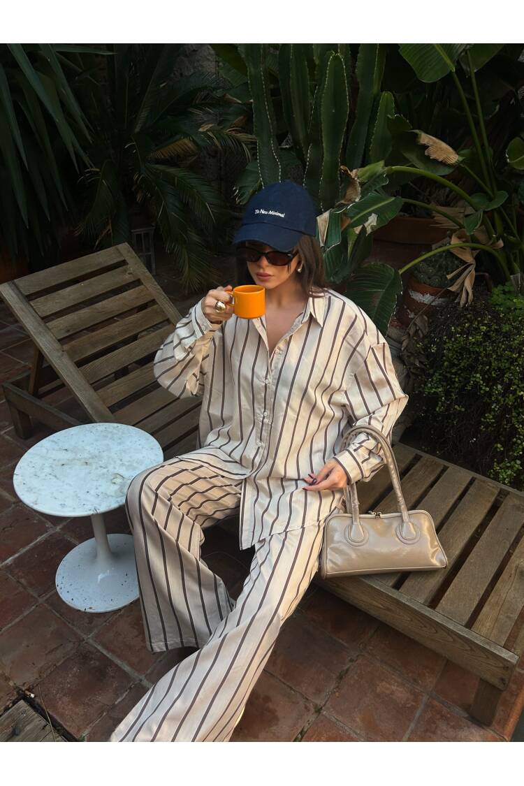 Striped Wide Cut Viscose Fabric Shirt And Pants Set 29046 - First Angels - Globality Store - Women Clothes Wholesale Turkey