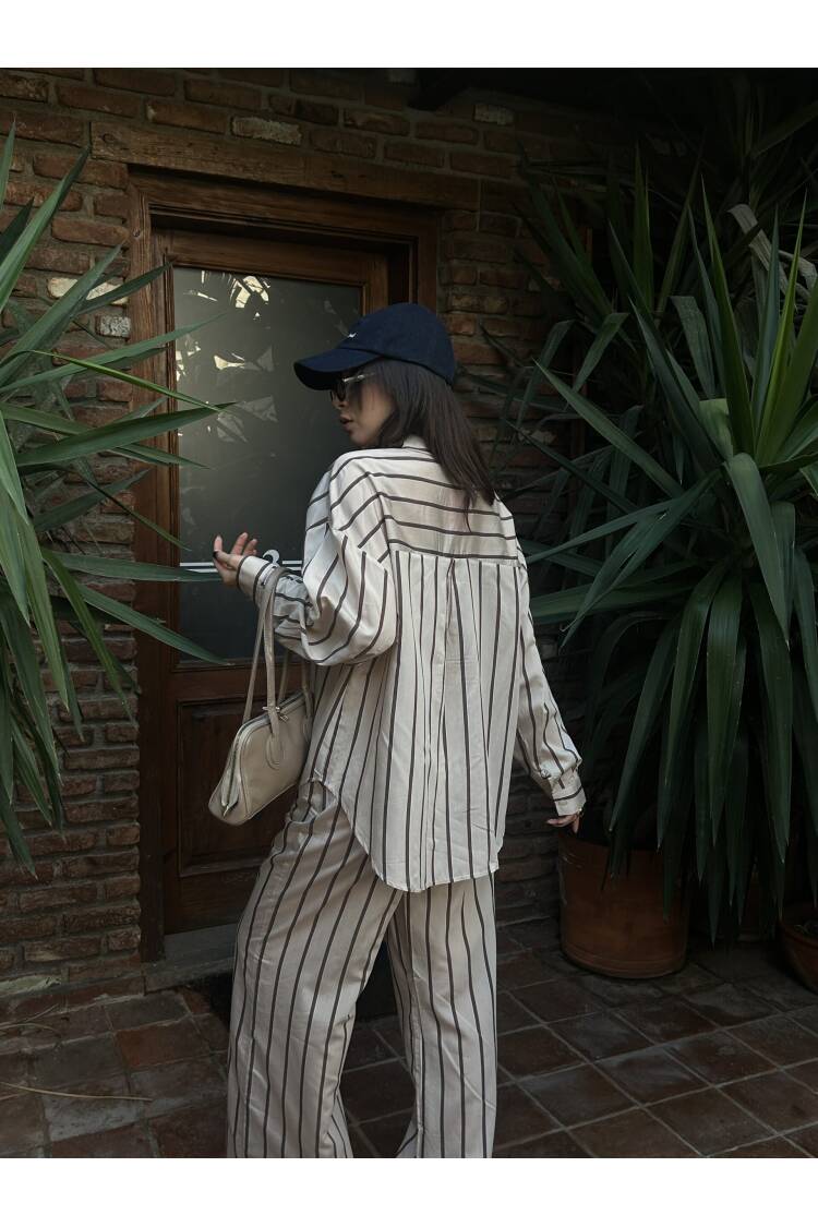 Striped Wide Cut Viscose Fabric Shirt And Pants Set 29046