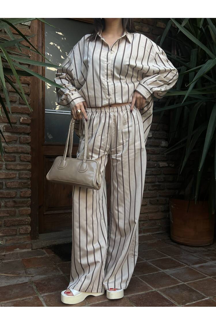 Striped Wide Cut Viscose Fabric Shirt And Pants Set 29046