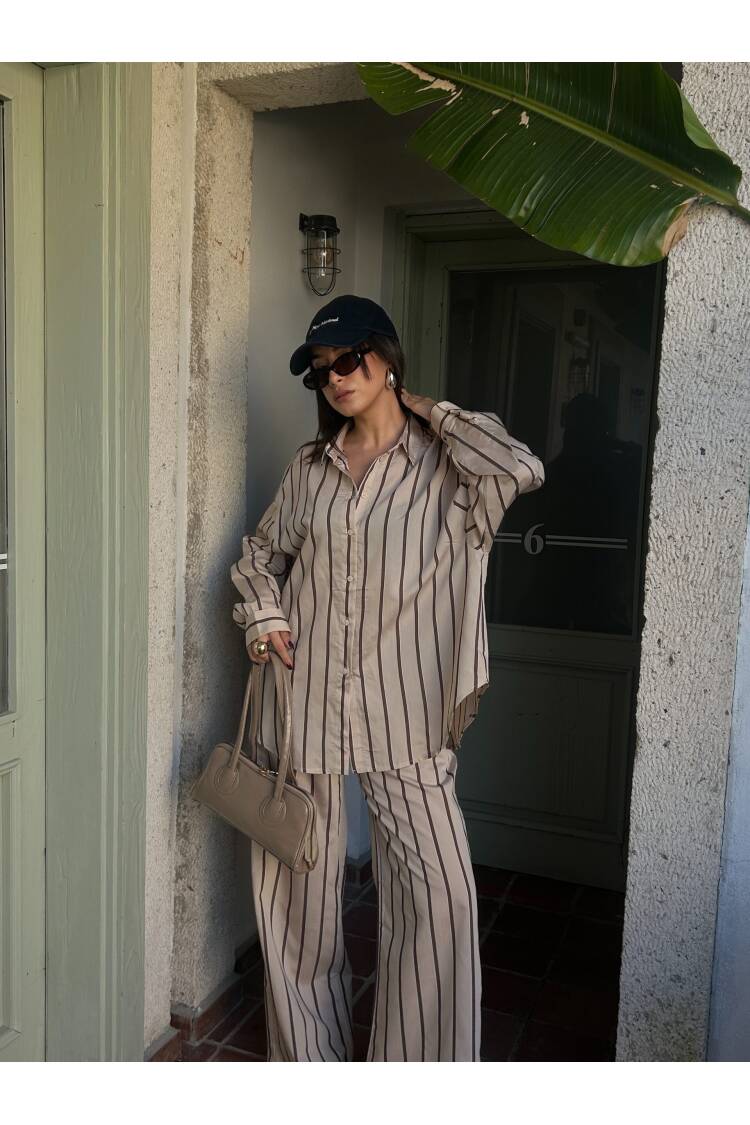 Striped Wide Cut Viscose Fabric Shirt And Pants Set 29046