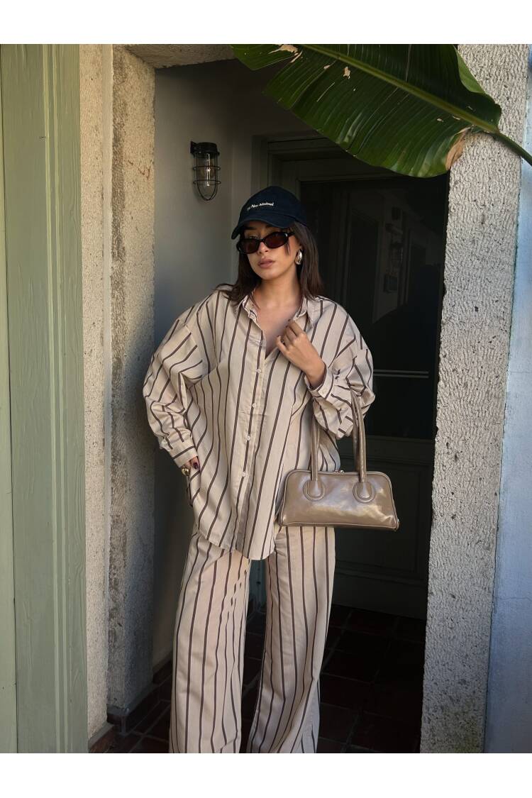 Striped Wide Cut Viscose Fabric Shirt And Pants Set 29046