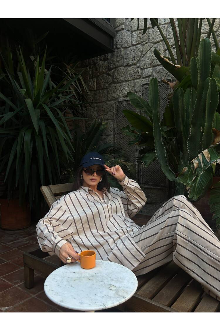 Striped Wide Cut Viscose Fabric Shirt And Pants Set 29046