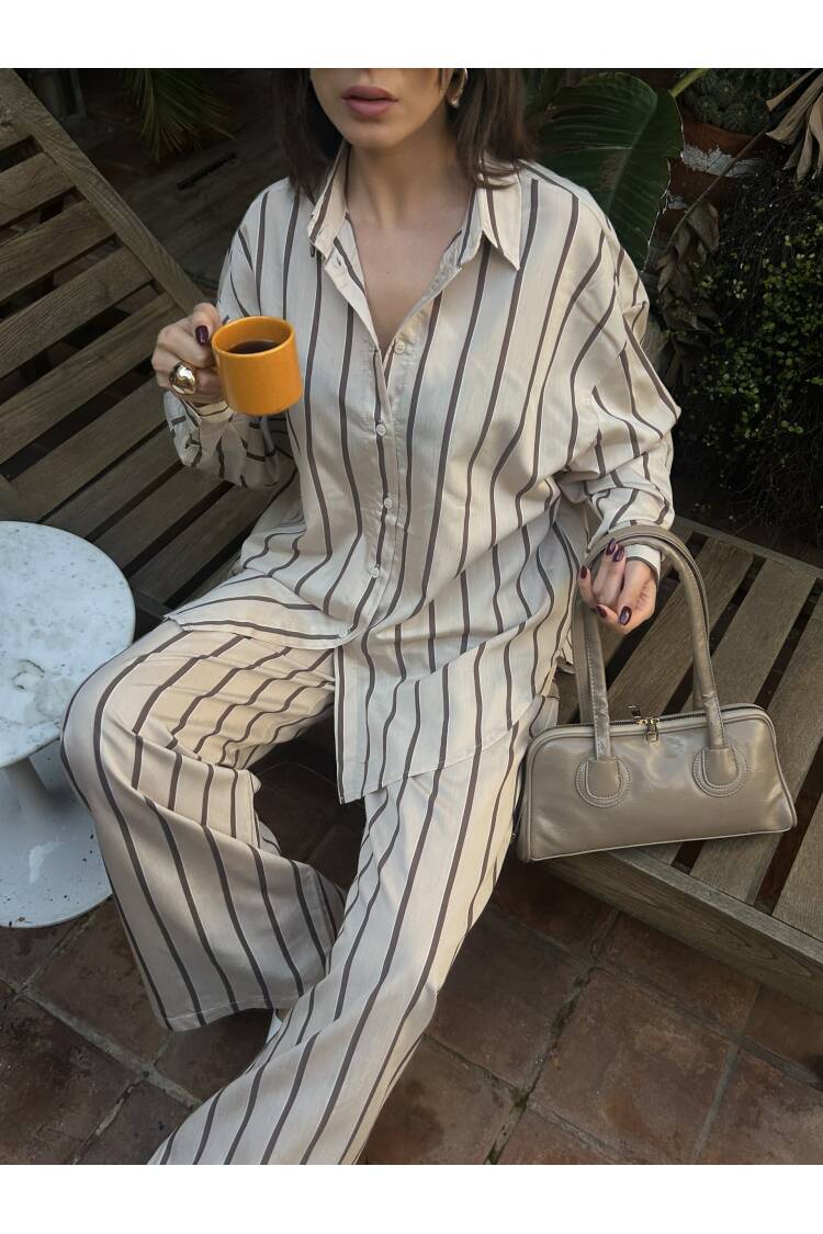 Striped Wide Cut Viscose Fabric Shirt And Pants Set 29046