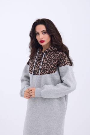 Leopard Patterned Long Sweater - Gray - Fame - Globality Store - Women Clothes Wholesale Turkey