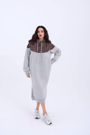 Leopard Patterned Long Sweater - Gray - Fame - Globality Store - Women Clothes Wholesale Turkey