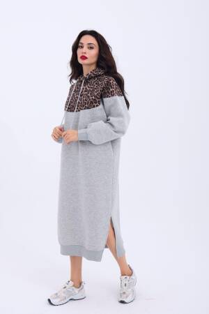 Leopard Patterned Long Sweater - Gray - Fame - Globality Store - Women Clothes Wholesale Turkey