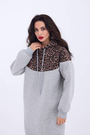 Leopard Patterned Long Sweater - Gray - Fame - Globality Store - Women Clothes Wholesale Turkey