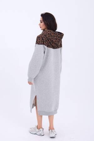 Leopard Patterned Long Sweater - Gray & Brown - Fame - Globality Store - Women Clothes Wholesale Turkey