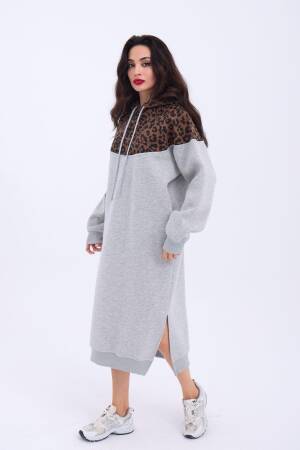 Leopard Patterned Long Sweater - Gray & Brown - Fame - Globality Store - Women Clothes Wholesale Turkey