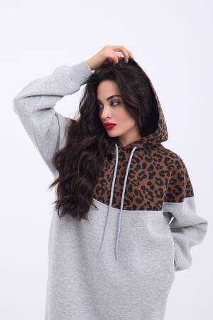Leopard Patterned Long Sweater - Gray & Brown - Fame - Globality Store - Women Clothes Wholesale Turkey