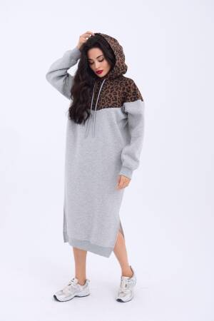 Leopard Patterned Long Sweater - Gray & Brown - Fame - Globality Store - Women Clothes Wholesale Turkey