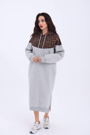 Leopard Patterned Long Sweater - Gray & Brown - Fame - Globality Store - Women Clothes Wholesale Turkey