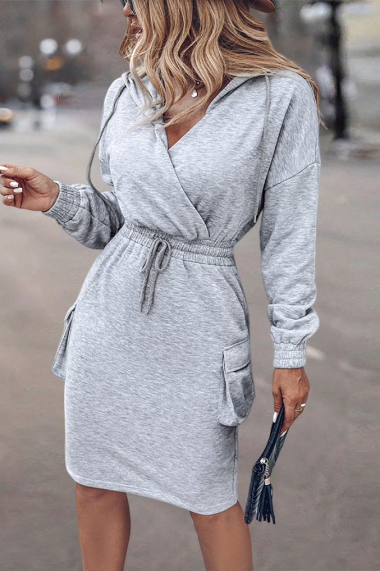 Women's Long Sleeve V-Neck Hooded Pocket Detailed Charcoal Two-Thread Short Dress - Gray