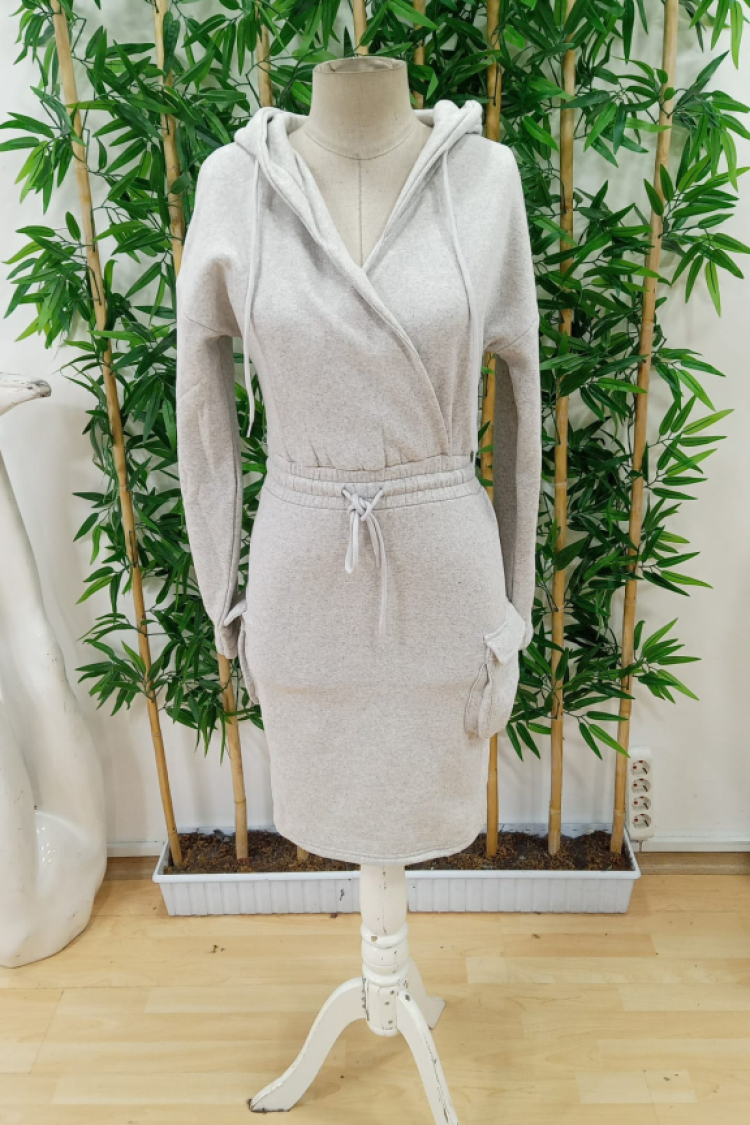 Women's Long Sleeve V-Neck Hooded Pocket Detailed Charcoal Two-Thread Short Dress - Gray