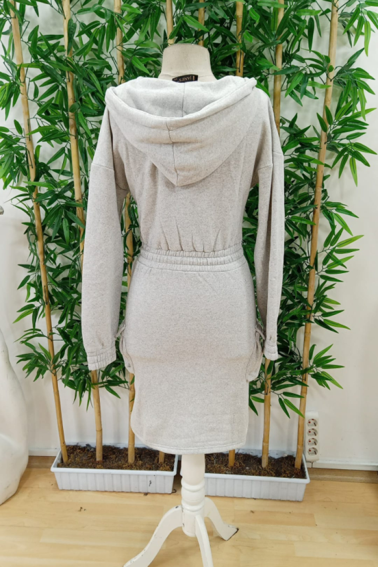 Women's Long Sleeve V-Neck Hooded Pocket Detailed Charcoal Two-Thread Short Dress - Gray